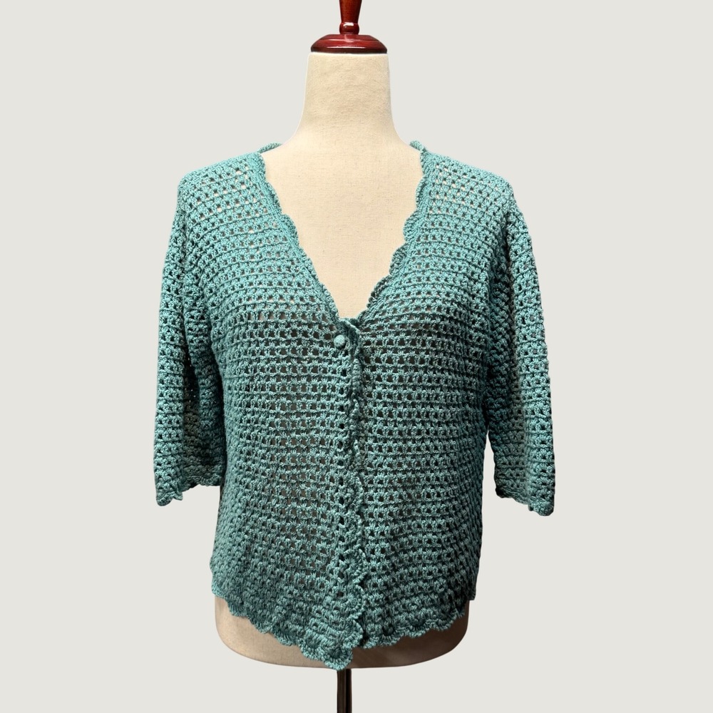 Vtg Norm Thompson Cardigan Linen Cotton Crochet Open Knit‎ Scalloped L Teal Blue
